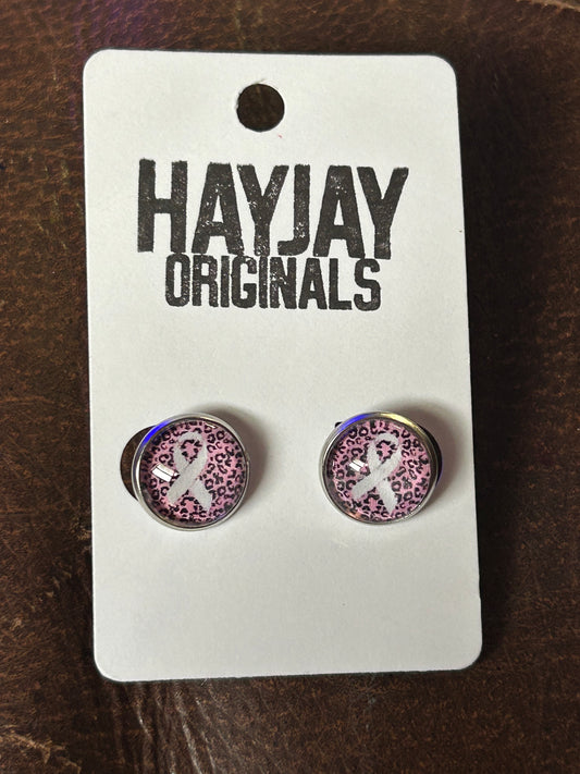 Pink leopard/cancer ribbon studs