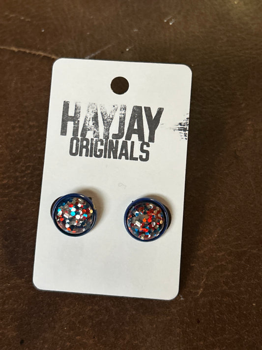 red/silver/blue glitter studs